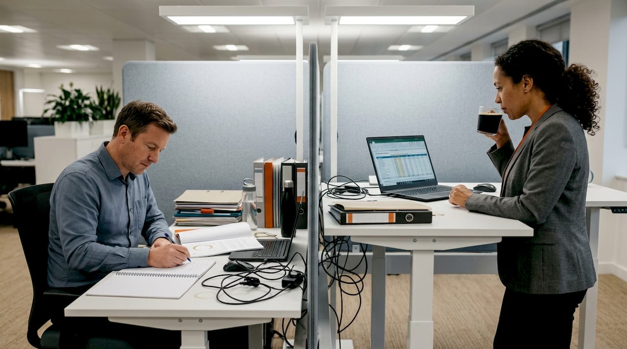 Colleagues alternately sitting and standing at desks