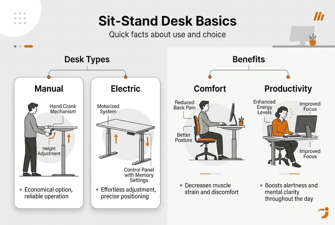 Infographic on sit-stand desk types and benefits