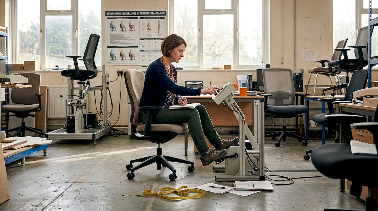 Technician tests office chair durability in lab setting