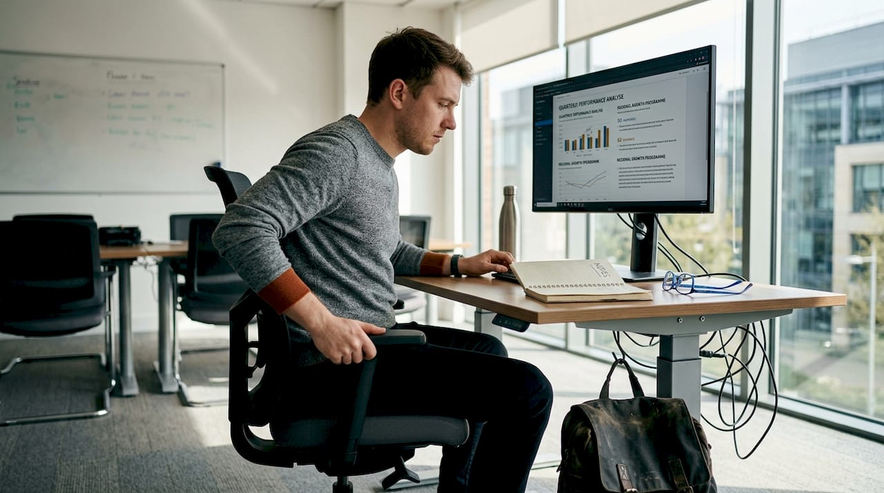 Adjusting ergonomic chair at office desk