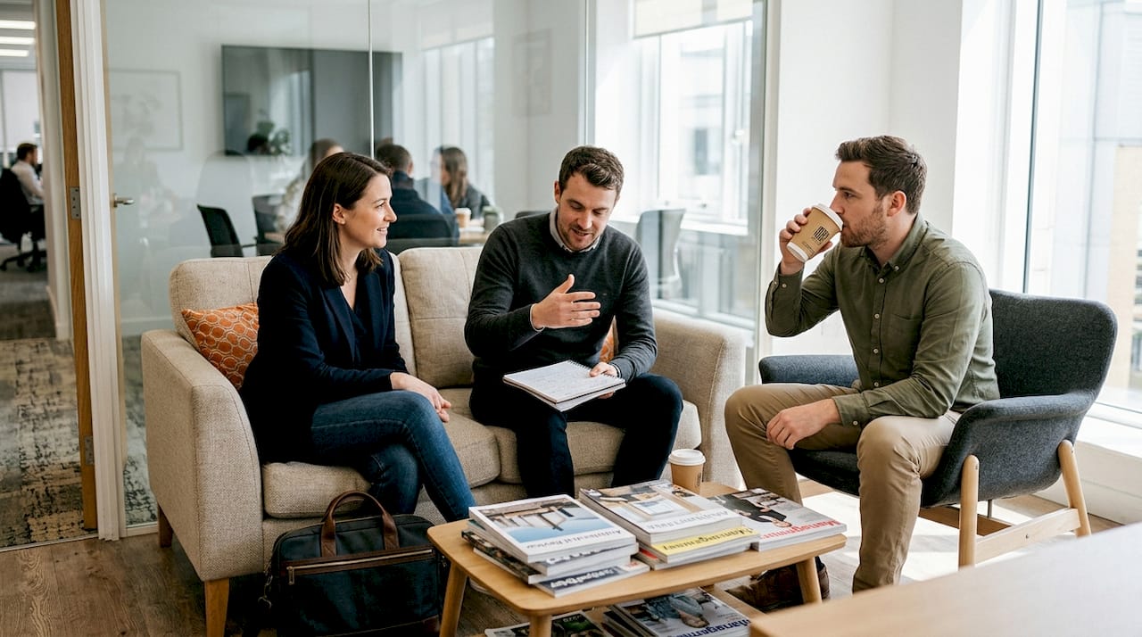 Team interacting in collaborative lounge seating area
