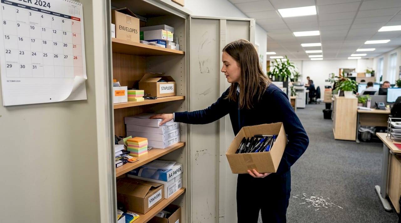 Staff member retrieves stationery from supply cupboard