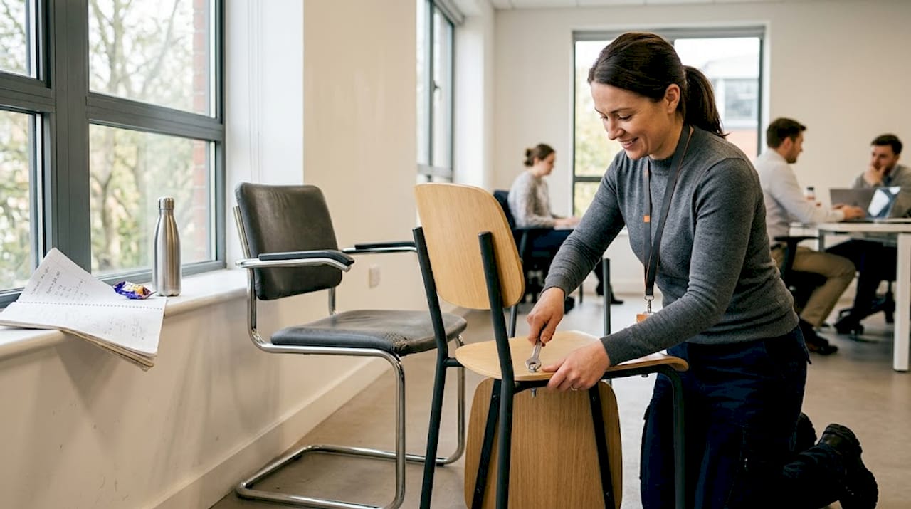 Manager examines steel frame visitor chair durability