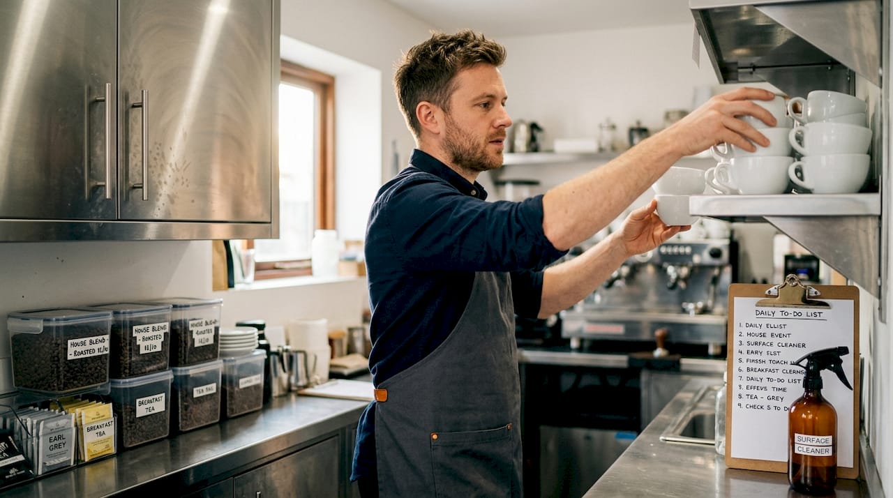 Manager using hygienic café storage shelving