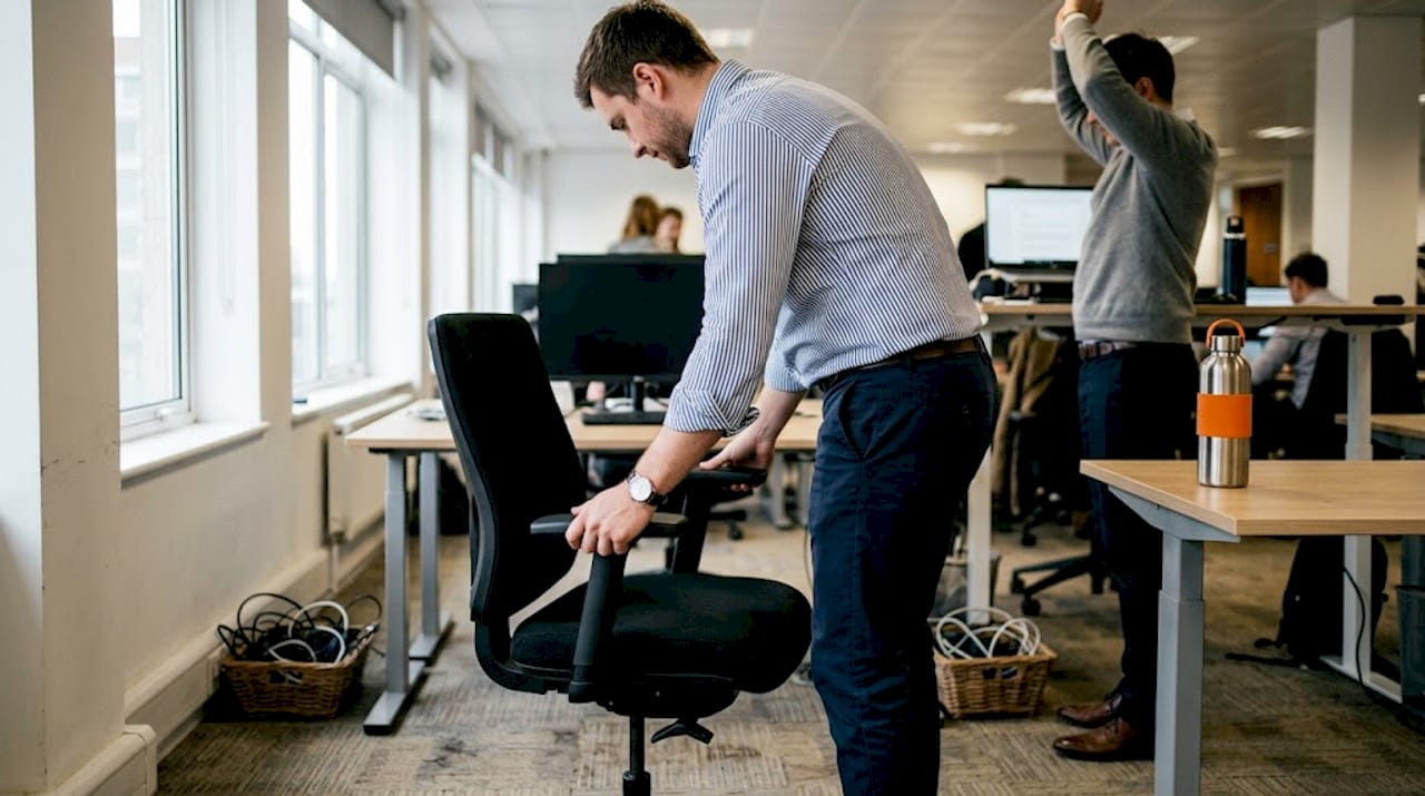 Worker adjusting ergonomic chair in open workspace