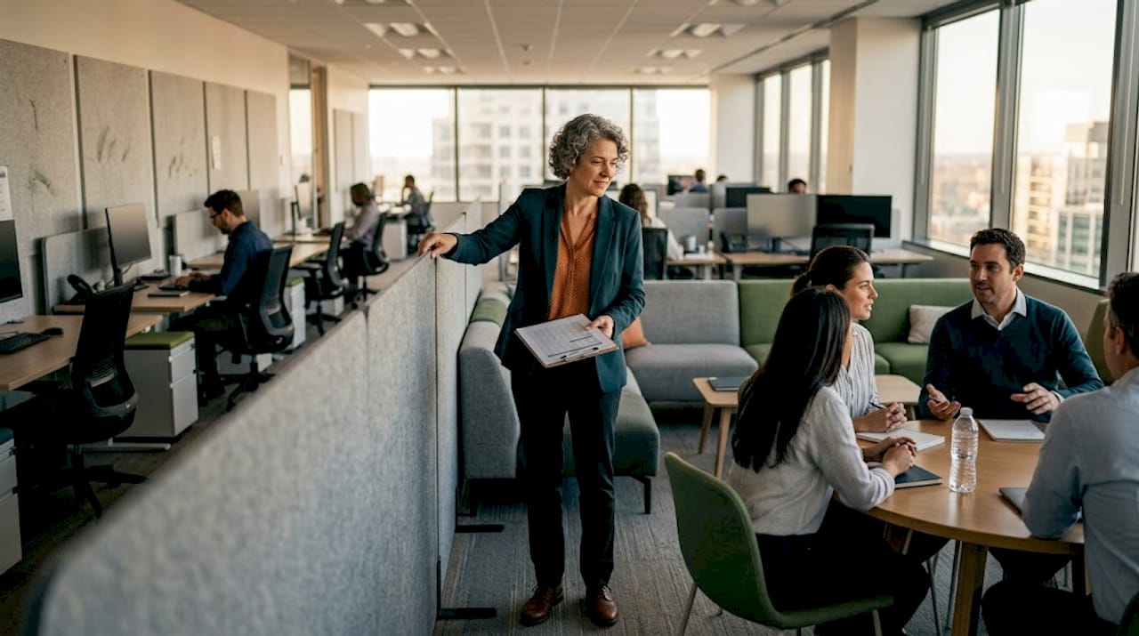 Office manager adjusts divider between work zones