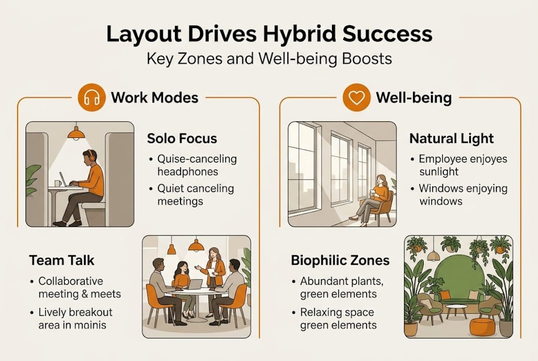 Infographic: hybrid layout and office well-being zones