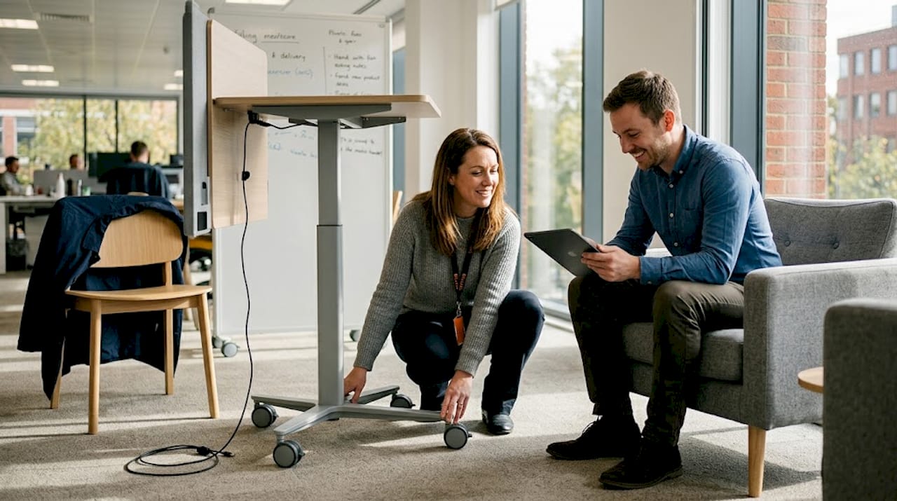 Supervisor checking modular office desk system