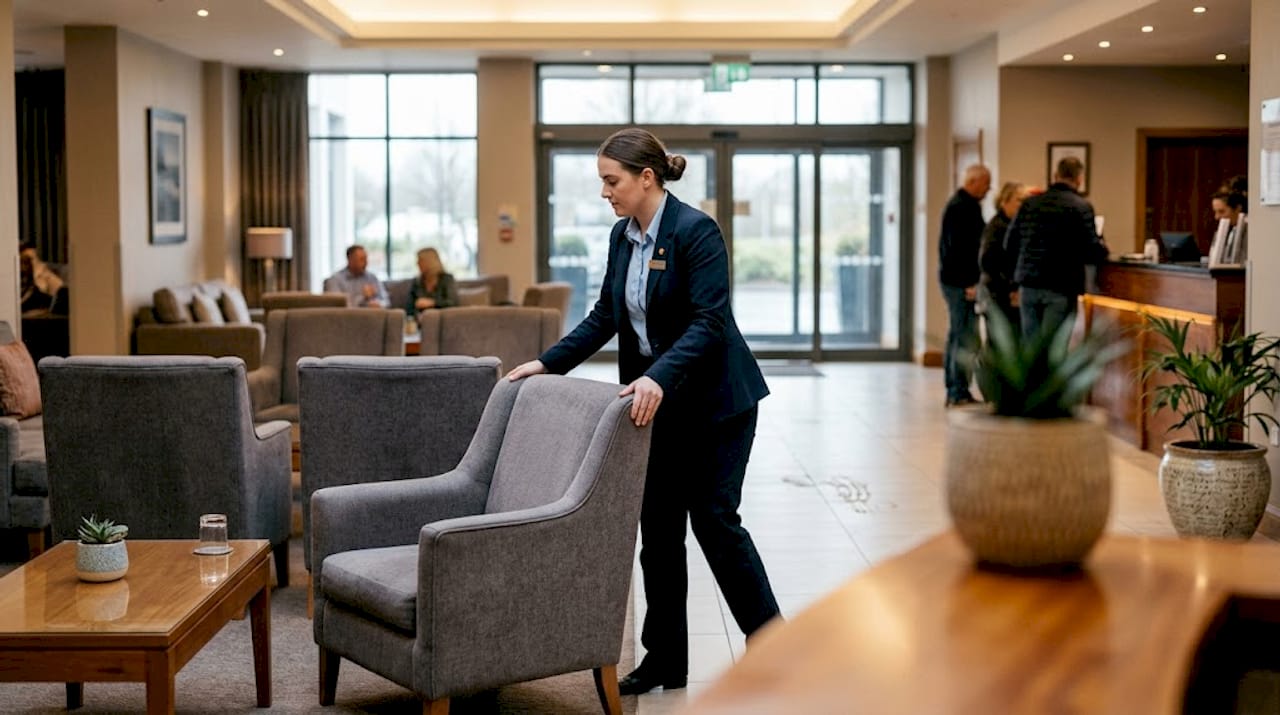 Hotel staff moving commercial armchair in lobby