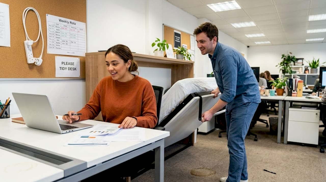 Desk-bed hybrid furniture in use during workday
