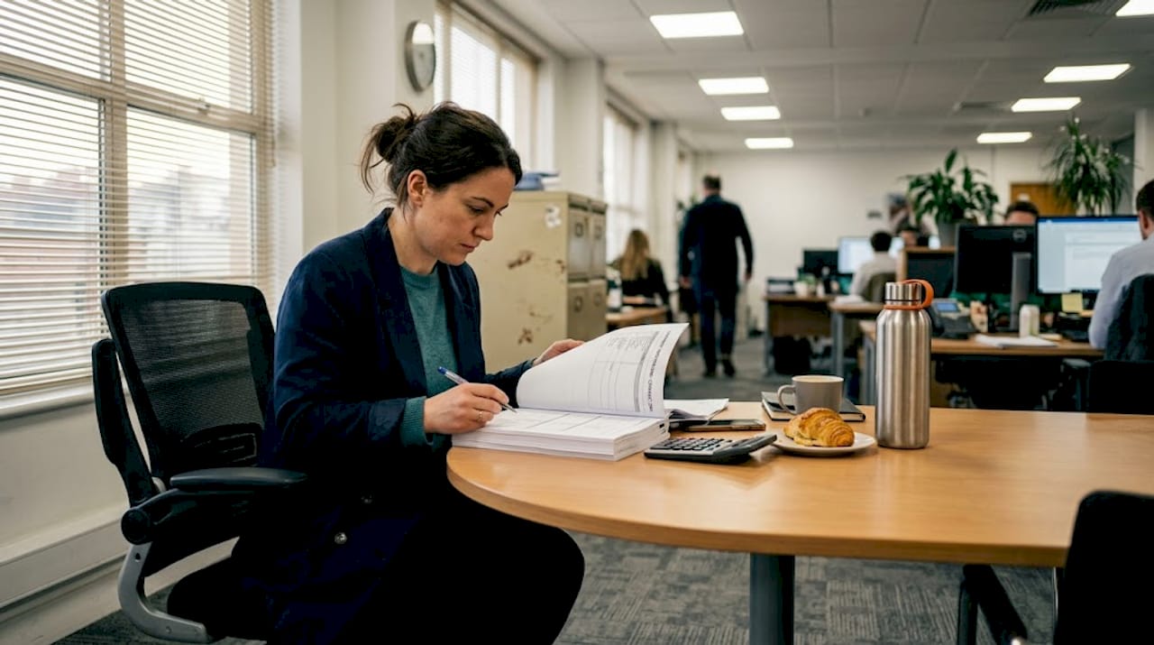 Manager reviews commercial chair specs at table