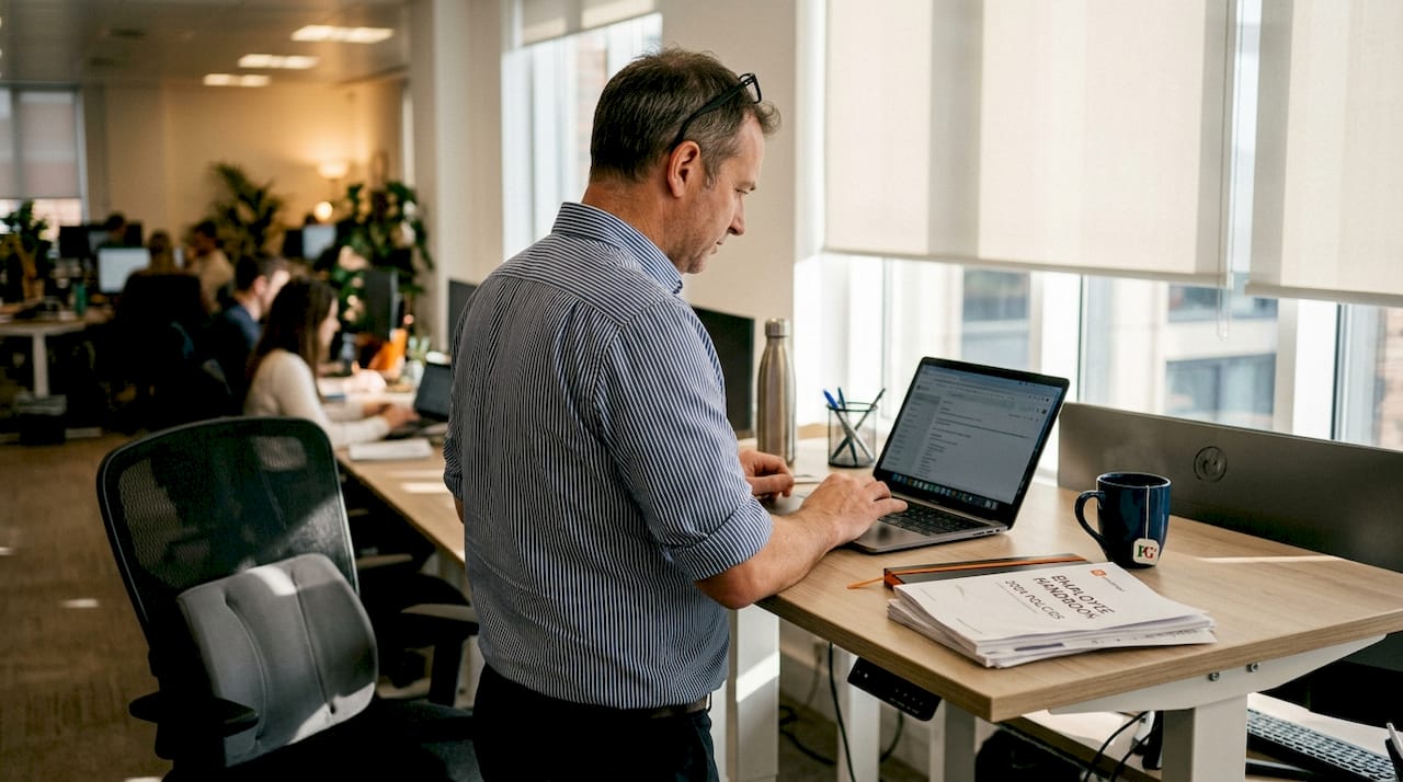 Employee using standing desk with ergonomic setup
