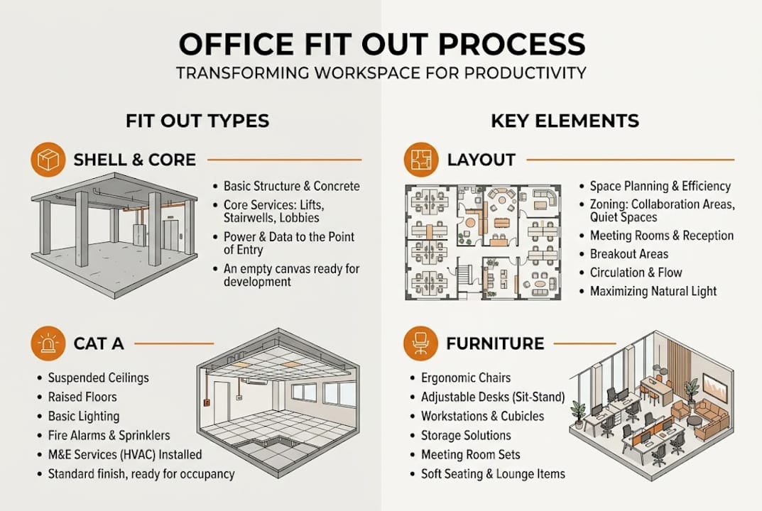 Infographic with fit out types and elements