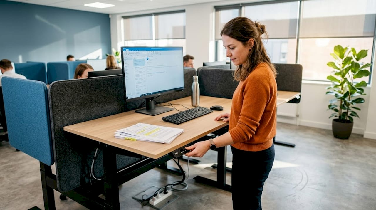Person adjusting ergonomic sit-stand desk setup