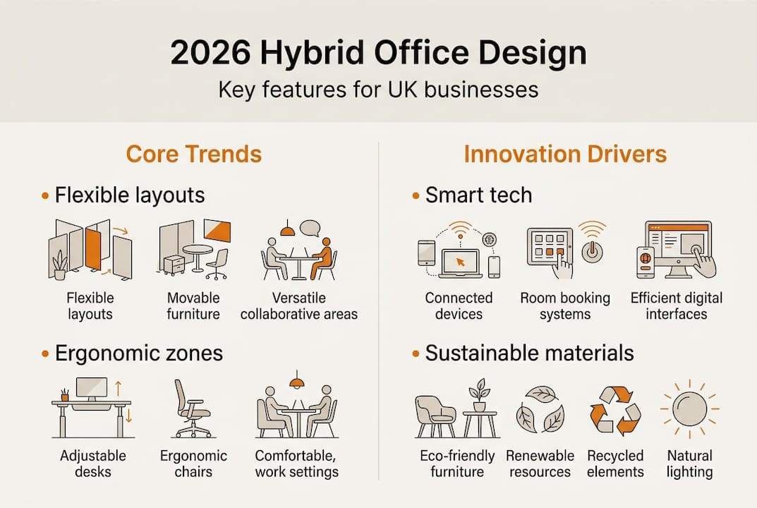 Infographic summarizing 2026 UK hybrid office design trends