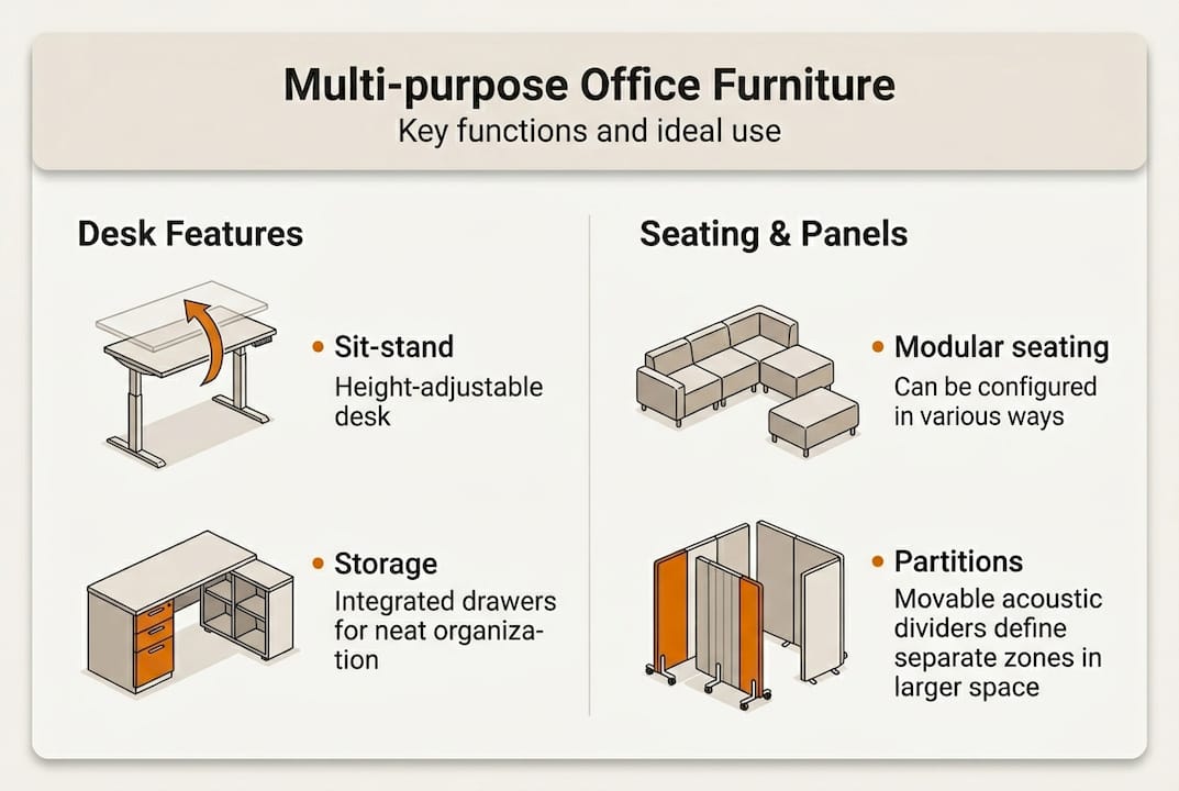 Infographic showing common multi-purpose office furniture types