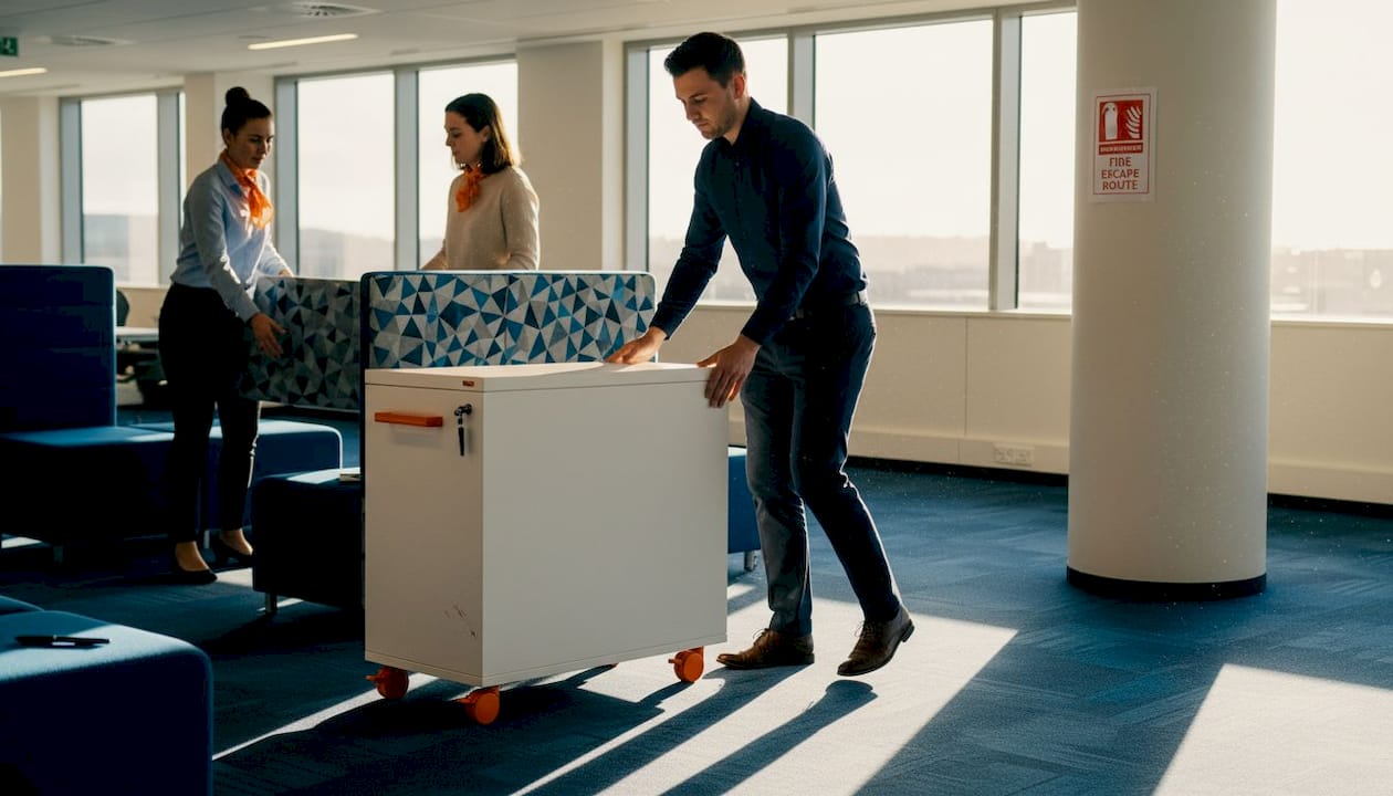 Staff moving mobile storage in breakout zone