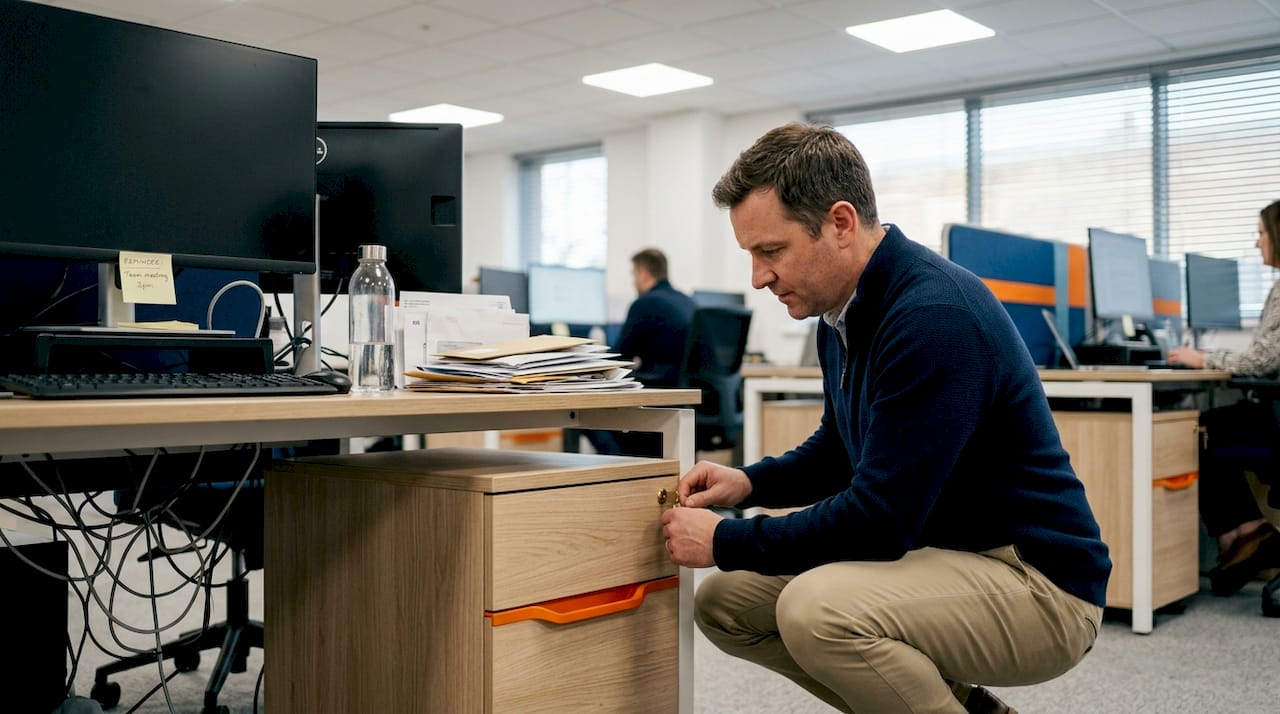 Employee checking lock on office pedestal drawer