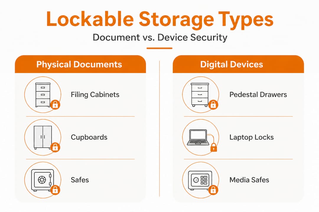Infographic comparing document and device lockable storage