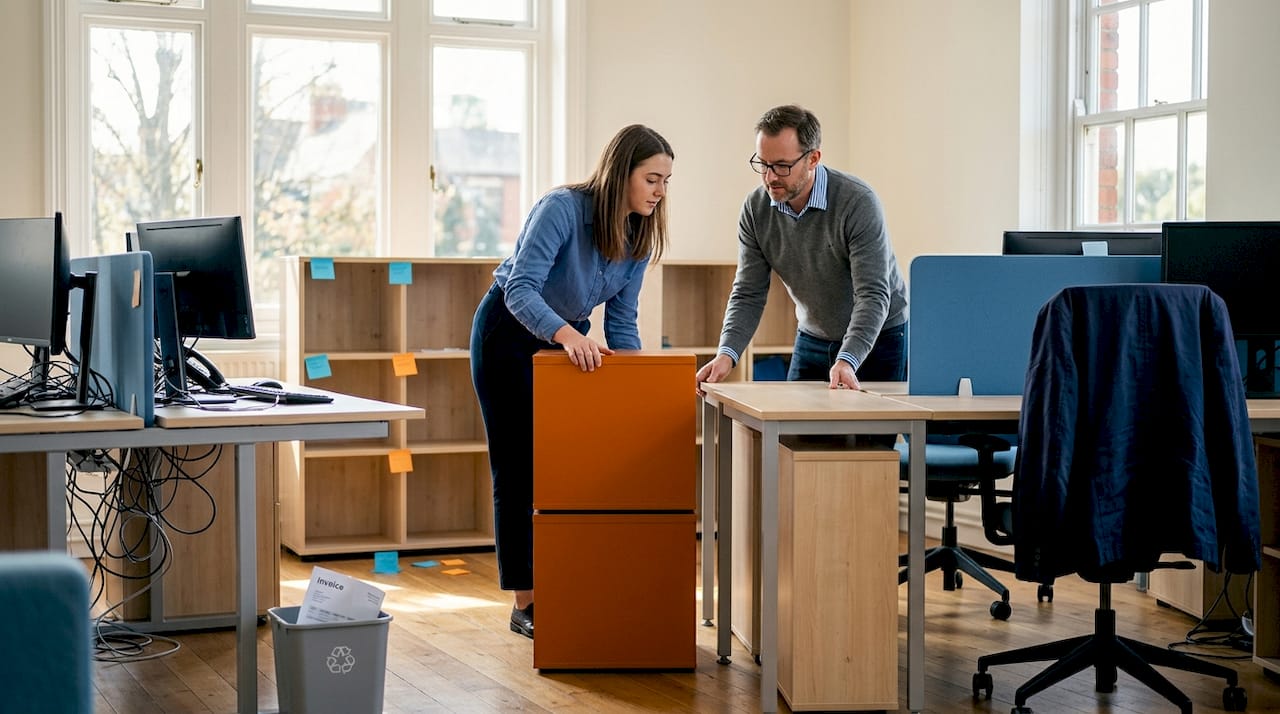 Colleagues adjusting modular office storage units
