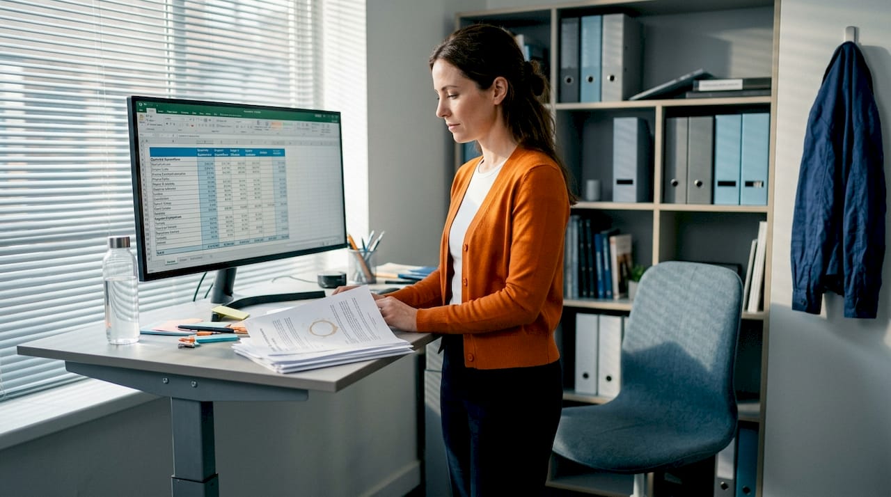 Manager using height-adjustable sit-stand desk