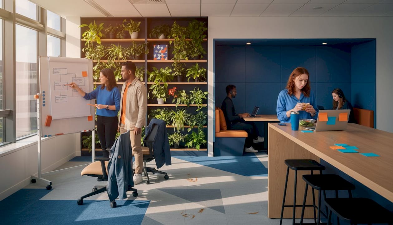 Office staff using zoned open-plan workspace