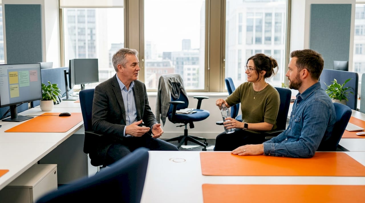 Colleagues enjoy coordinated workspace furniture