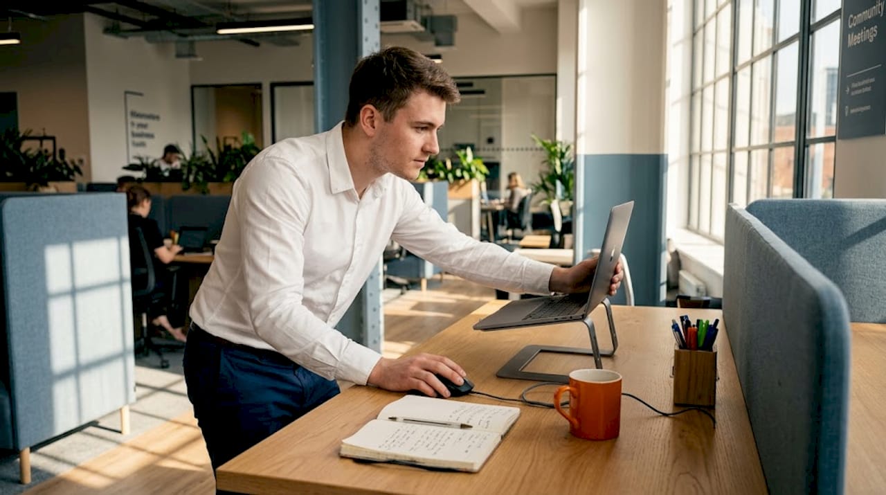 Laptop user adjusting ergonomic workstation