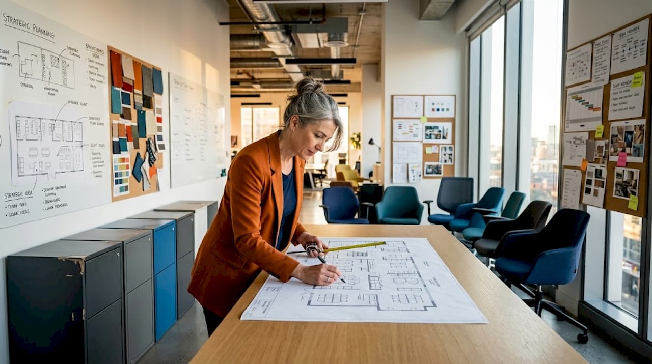 Planner marking furniture layout in open workspace
