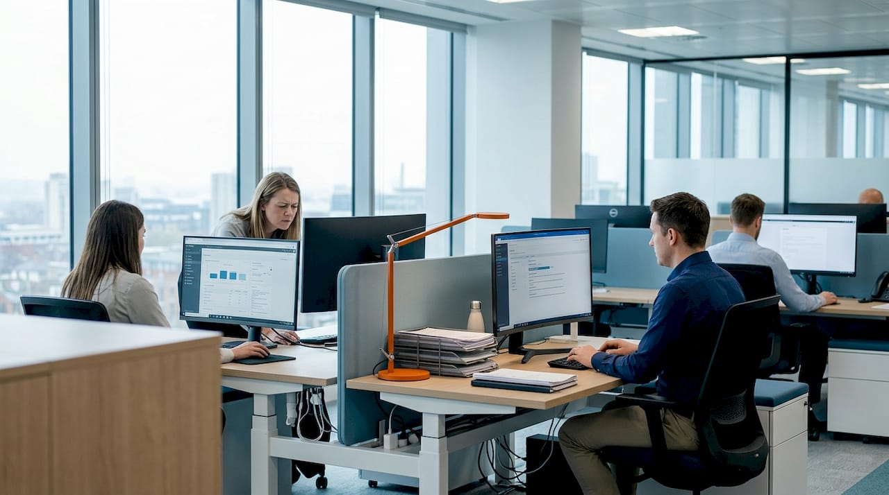 Office workers at desks with mixed lighting