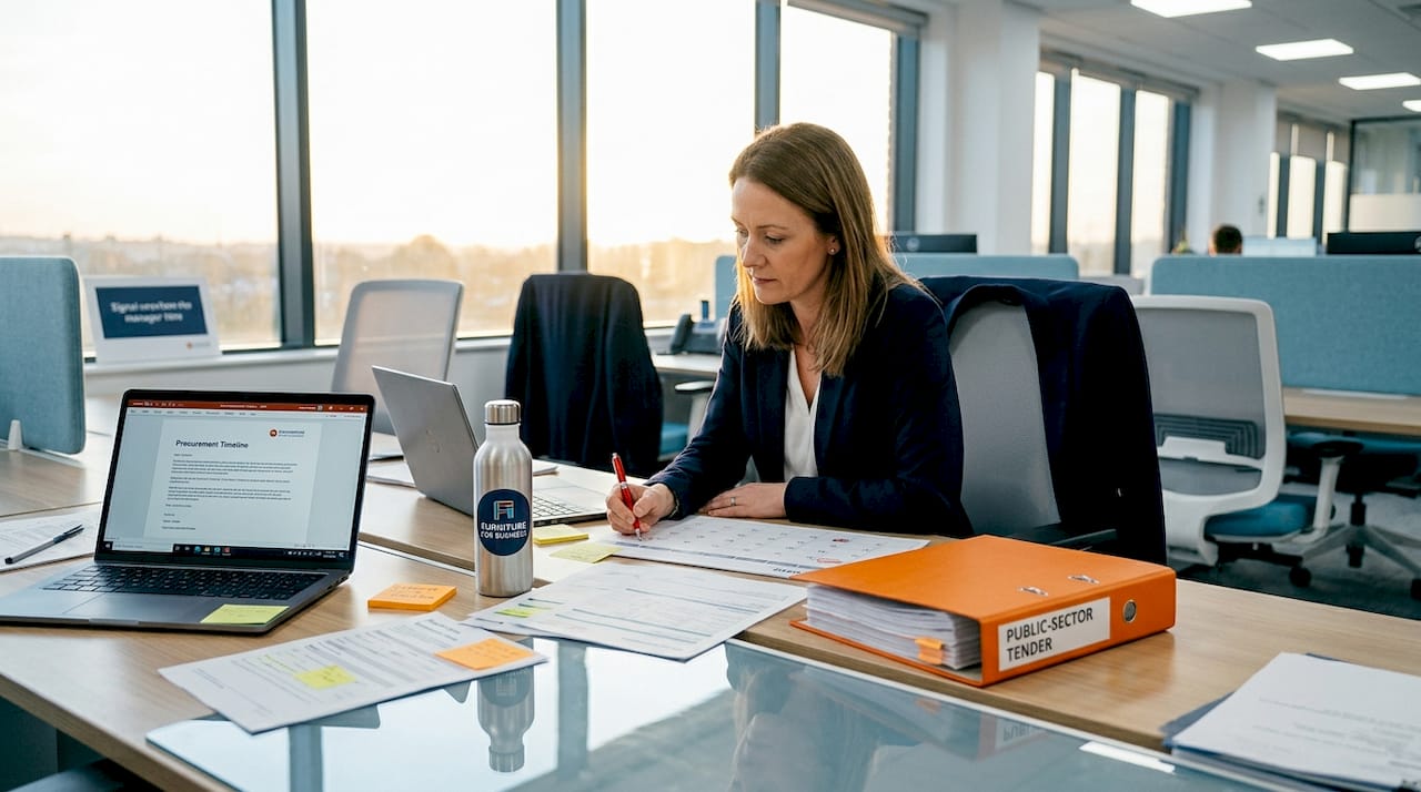 Manager reviewing office procurement paperwork at desk