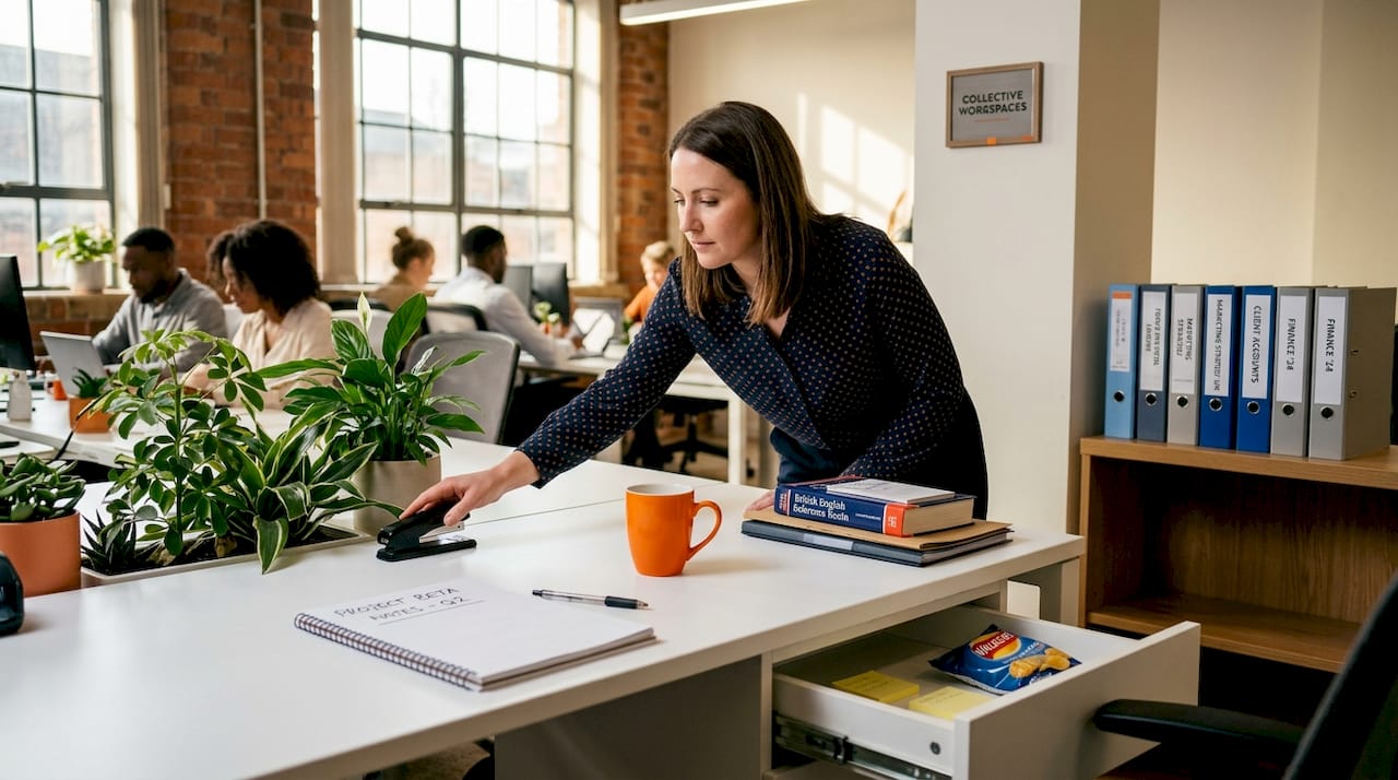 Worker managing desk clutter in shared office