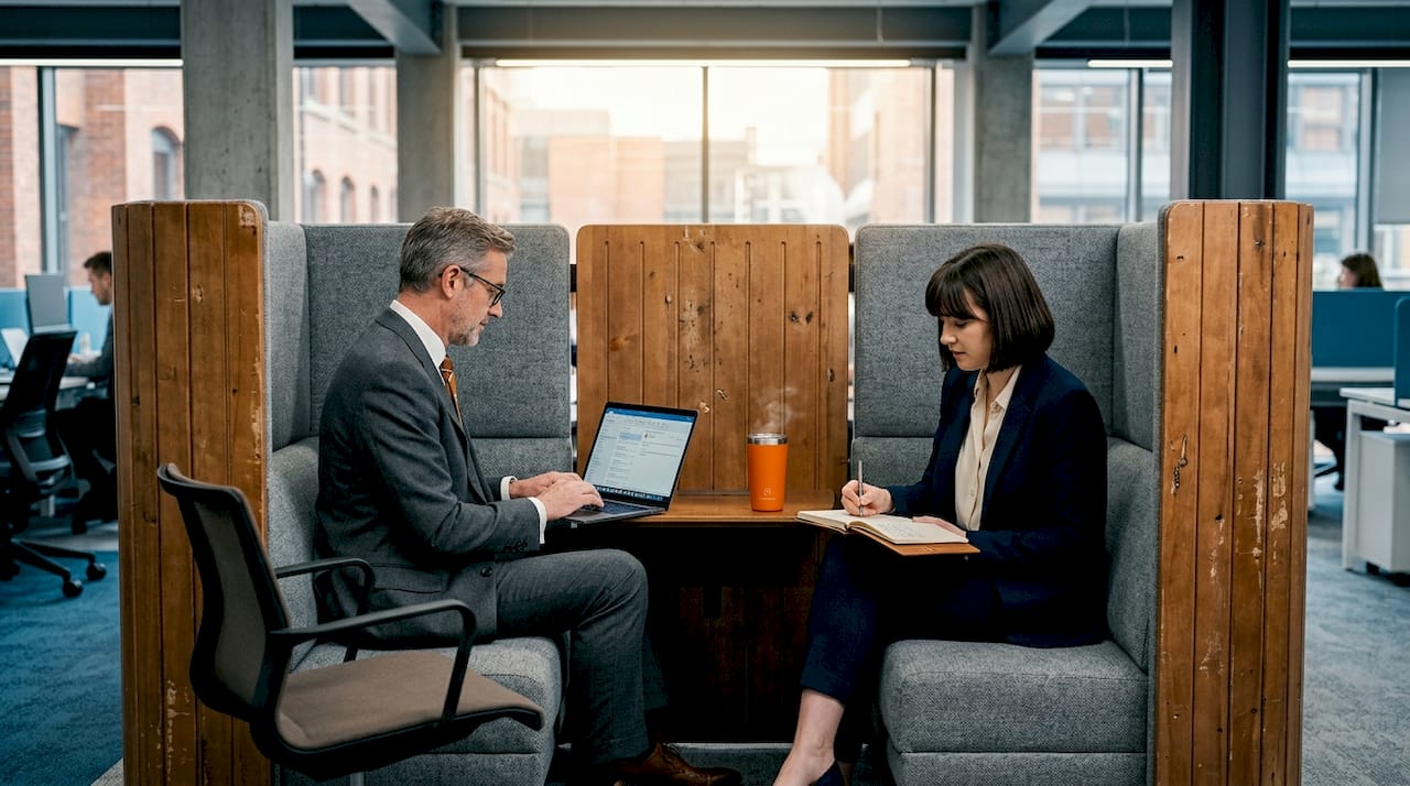 Coworkers using acoustic office booths
