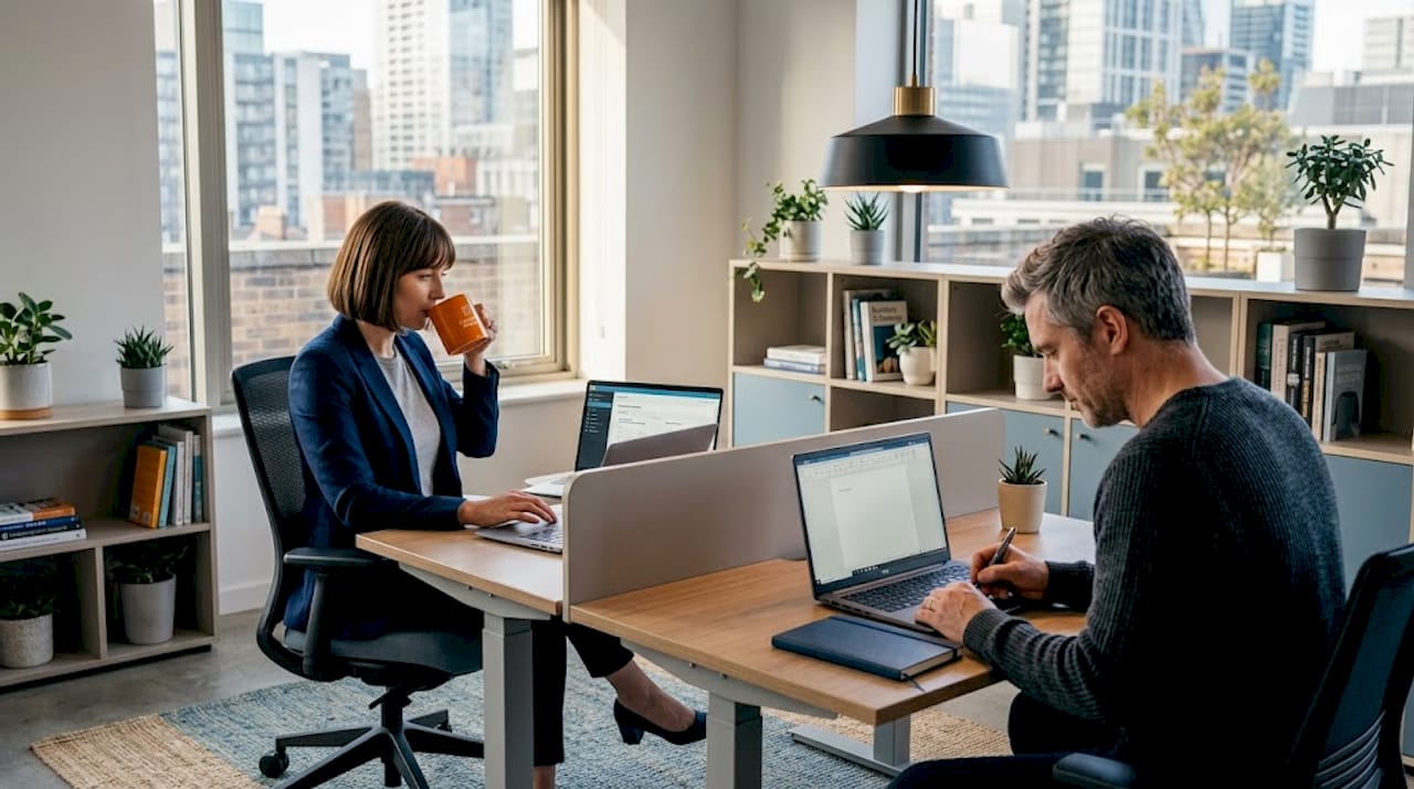 Open workspace with overhead and desk lighting