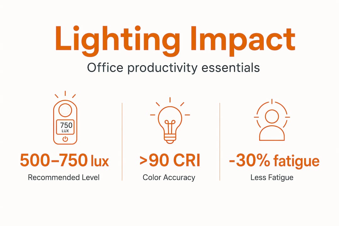 Infographic with lighting levels, CRI, and fatigue reduction stats