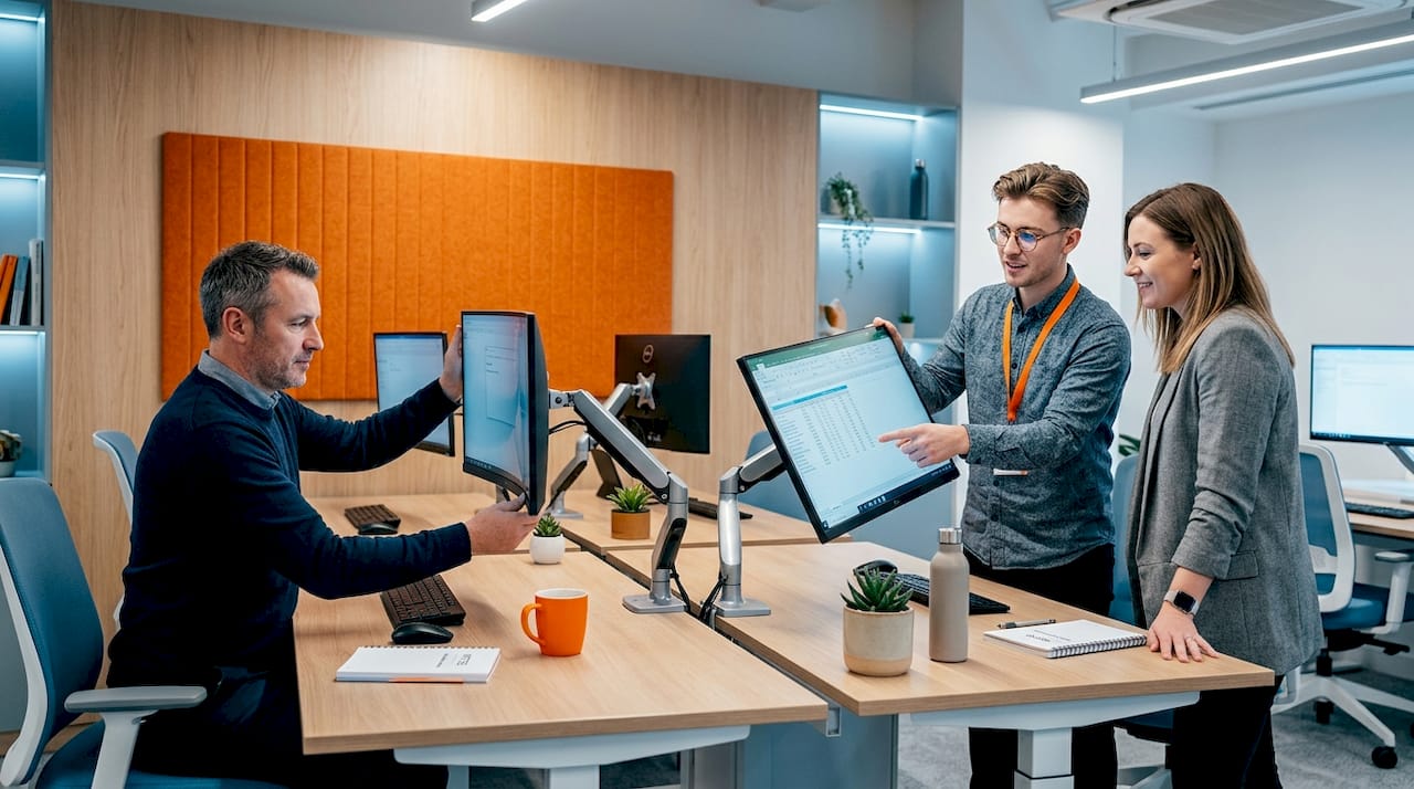 Coworkers adjusting monitor arms at group desk