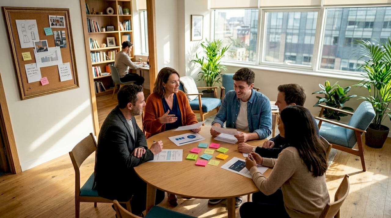 Colleagues collaborating in flexible office zones