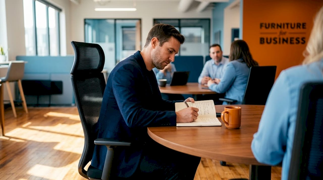 Person using mesh high-back conference chair