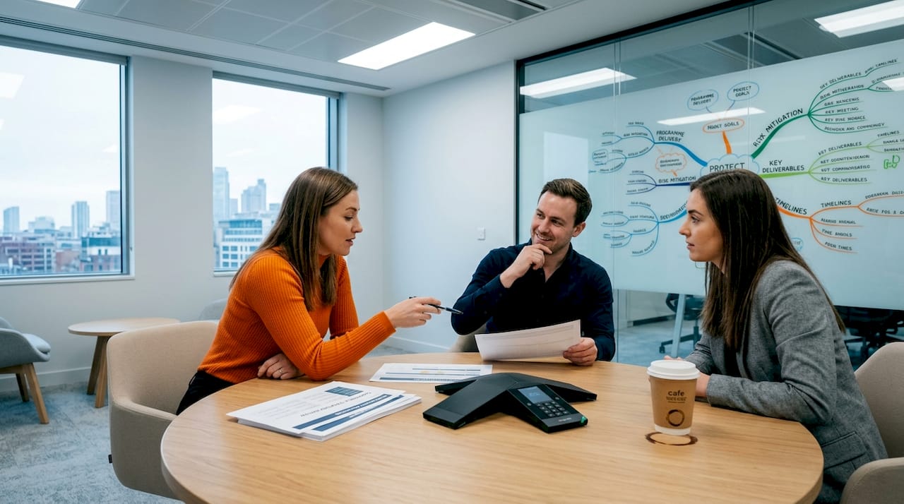 Colleagues discuss around round meeting table