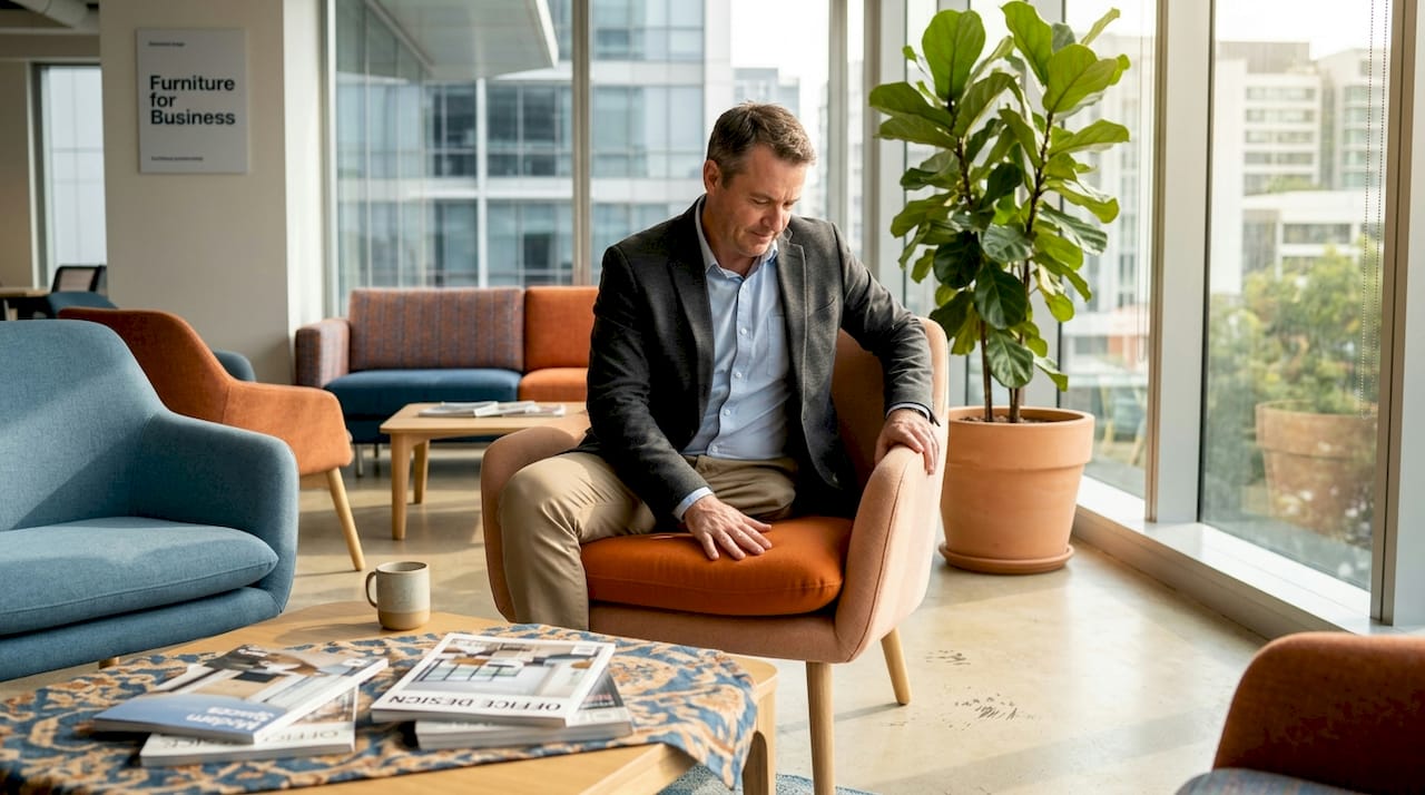 Employee checks comfort in ergonomic lounge chair