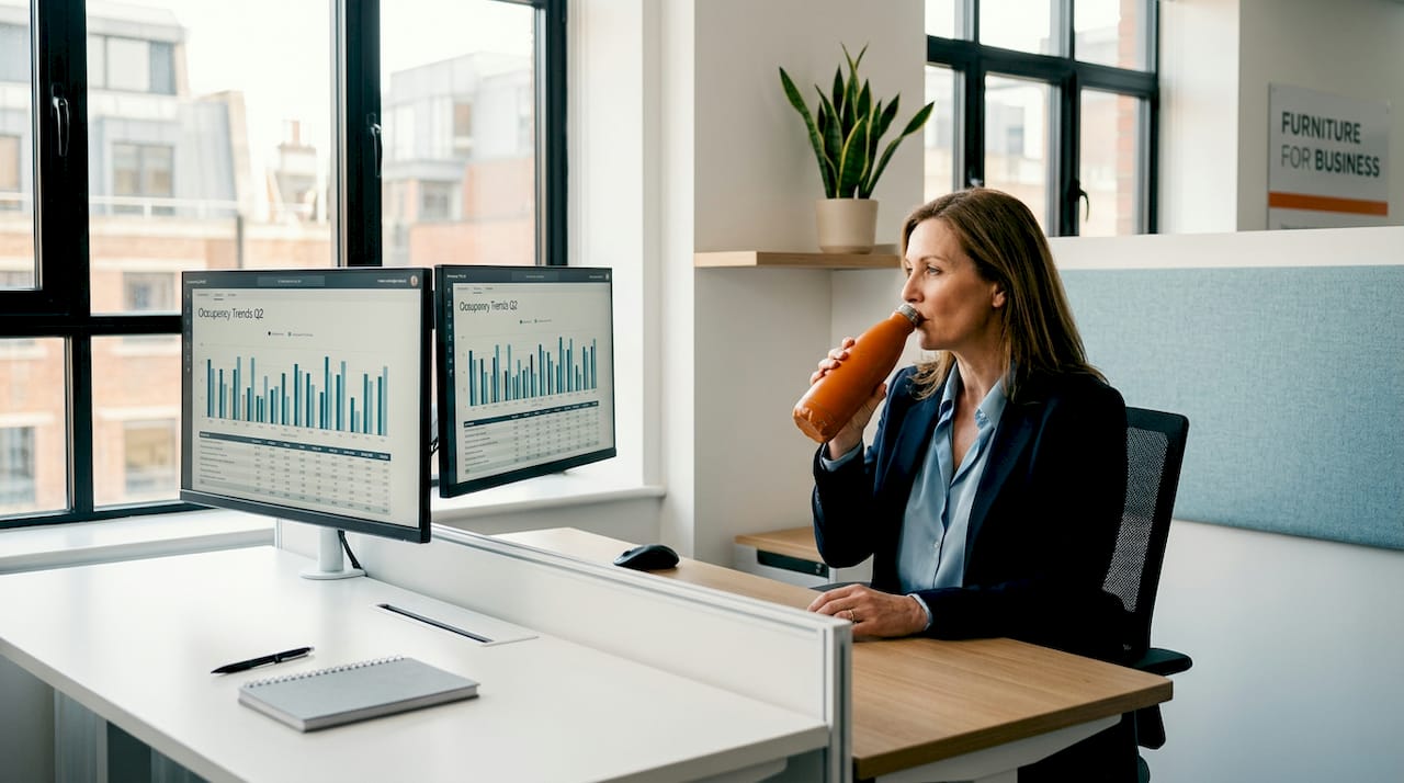 Manager reviewing office desk usage data
