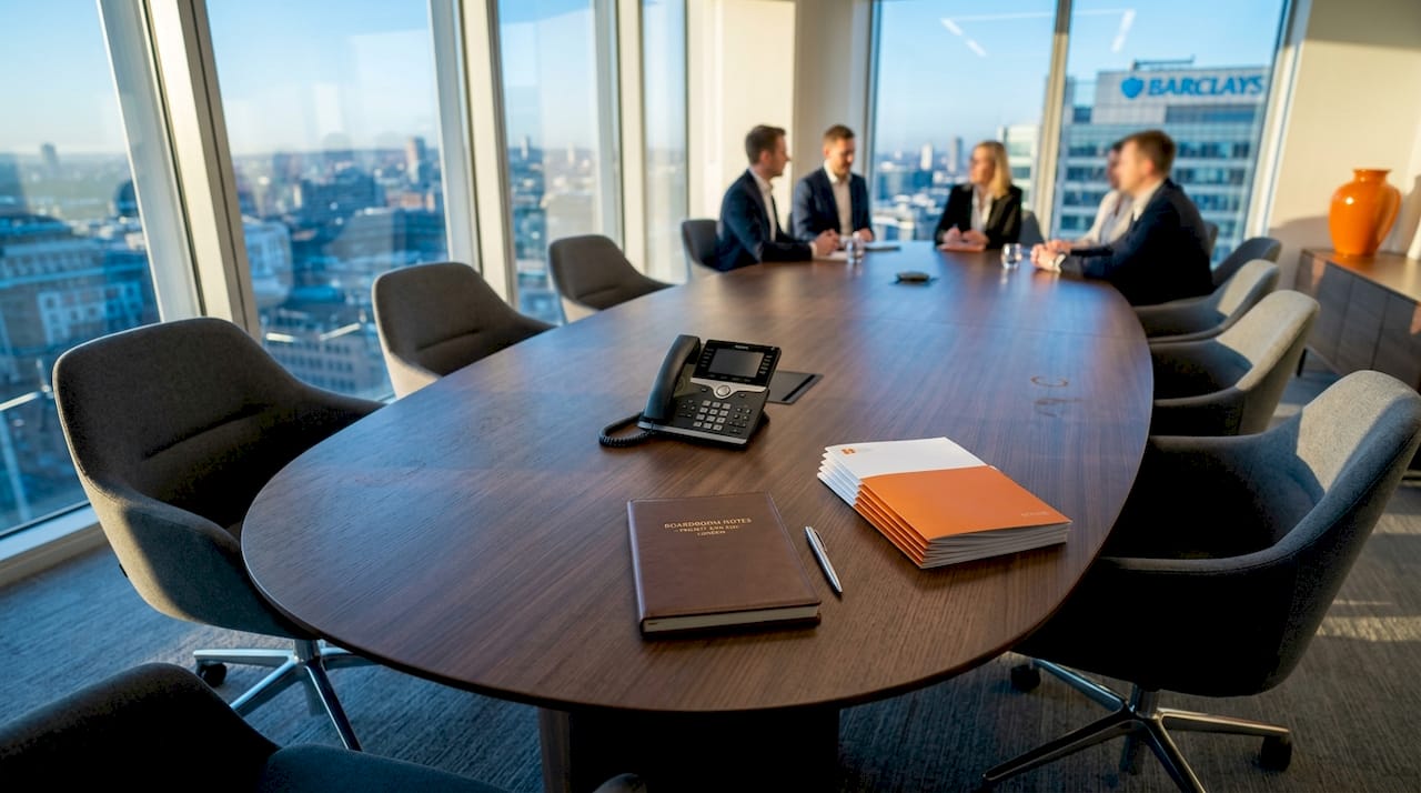 Oval boardroom table with materials and design details