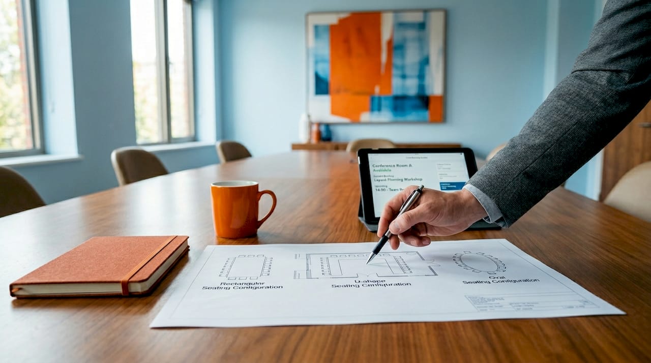 Hand pointing at boardroom layout plan on table