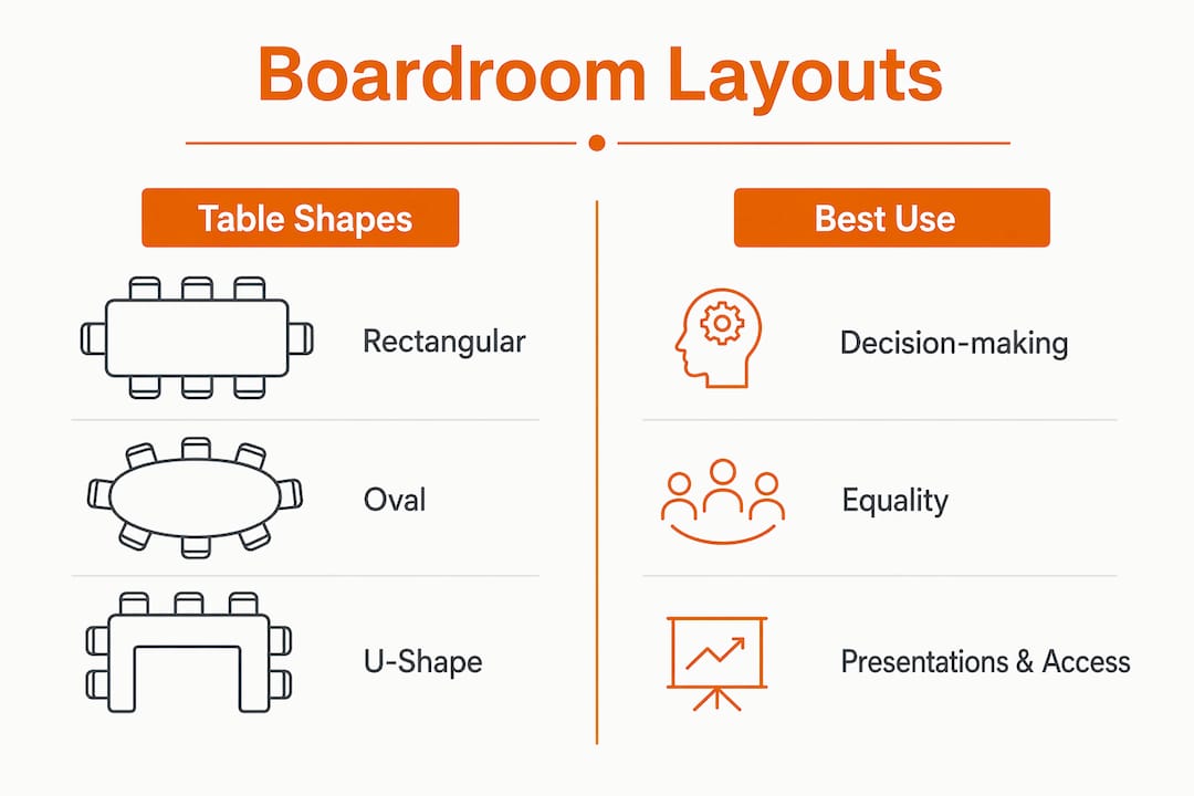 Infographic comparing boardroom table shapes and uses