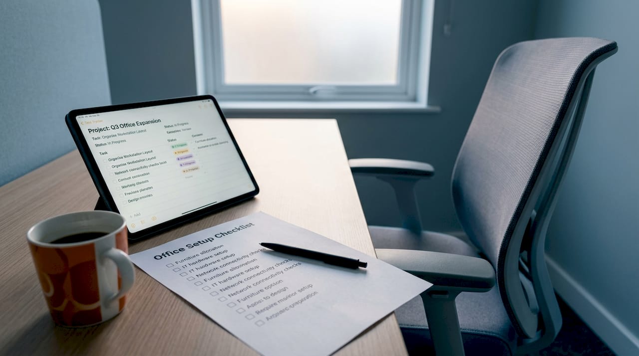 Close-up of office setup checklist and planning tools