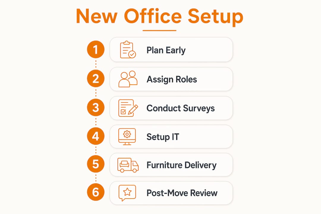 Infographic outlining new office setup workflow stages