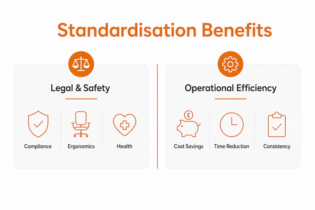 Infographic comparing legal and operational benefits of standardising office furniture