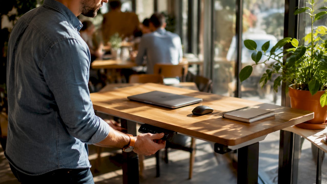 Hands adjusting stay-level desk height mechanism
