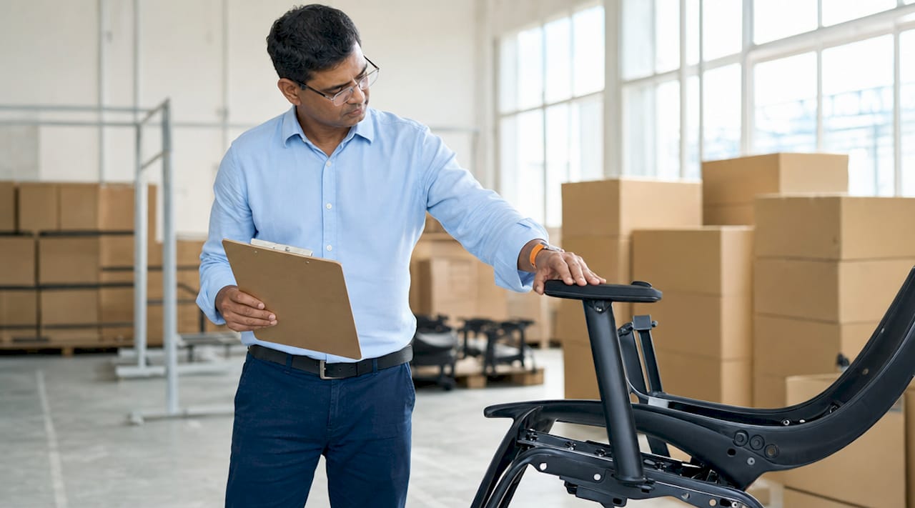 Man inspecting commercial office chair frame in warehouse