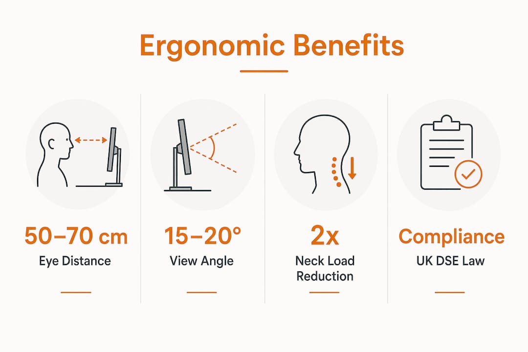 Infographic showing key ergonomic benefits of adjustable monitors